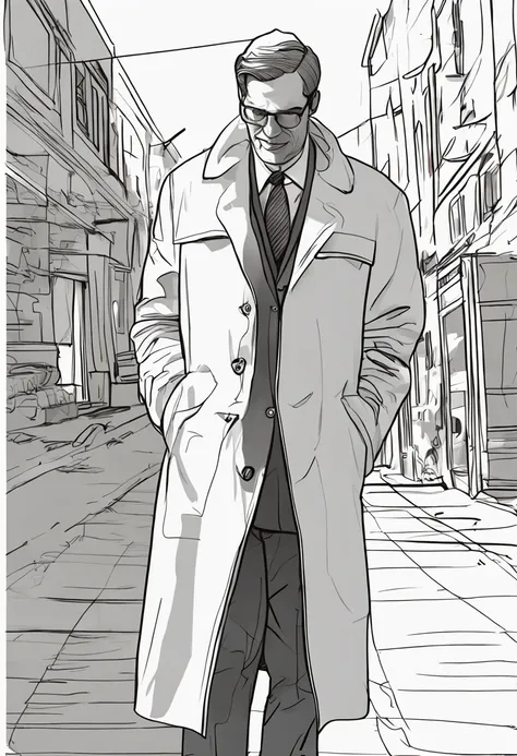 A painting of a man in a white coat and tie, ( ( wearing a long coat ) ), he is wearing a trenchcoat, he wears a big coat, one line art, single line drawing, one - line drawing, Line sketch, minimalist line art, thick line art, male character, dressed in s...