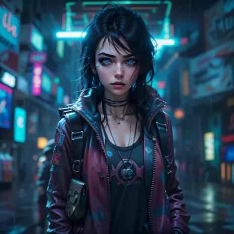 solo, cinematic lighting, a beauty woman with a back pack, cyberpunk, sparkle eyes, blue pupils, black hair, perfect eyes, both hands in pocket, rainy cyber punk store , thin gap, portrait 24 mm, high resolution, model looking at the viewer