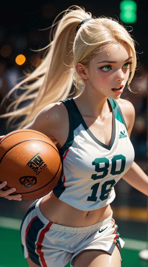 fantastic realism, bokeh,  ultra detailed, 1girl, blond with (dark skin), green eyes, running, playing basketball, sweat, shiny skin,