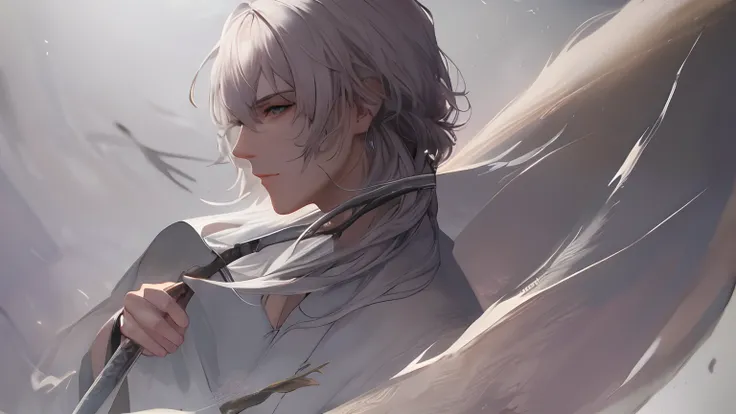 Close-up of a man in a white robe holding a sword，a character portrait by Yang J，The popularity of CGsociety，Fantasyart，beautiful character painting，Guviz-style artwork，Guvitz，white hanfu，flowing white robe，full-body wuxia，epic exquisite  character art，stu...