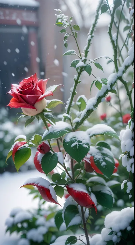 Red roses grow in the bushes, The leaves and petals were covered with dust and snowflakes,shot with a canon 35mm lens, photo of a rose, taken with a pentax k1000, Shot with Pentax 1000, Two 5mm ports, Photographed at Kodak Portera, rose twining, Red rose, ...