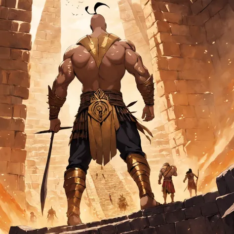 Describe an image of Dwayne Johnson in the role of the Scorpion King, Standing atop an ancient pyramid, com o sol se pondo ao fundo, highlighting his imposing armor and determined expression.