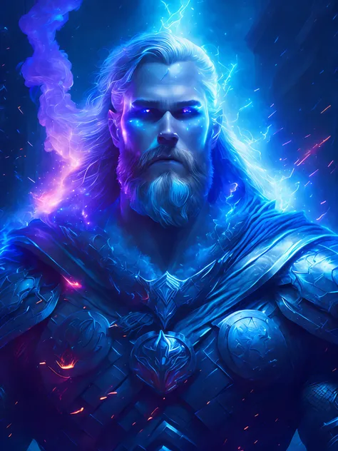 gloomy portrait of God Thor from Marvel, extremely detailed, futuristic cityscape, nighttime, glowing neon lights, smoke, sparks, metal shavings, flying debris, blue energy effects, volumetric light