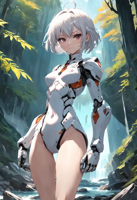 1girl, full body, ((punching)) , fist arm towards camera, ((human right arm)), ((normal right arm)), mechanical left arm

((white hair)), (short hair), (masterpiece), best quality, expressive eyes, perfect face, perfect body, (mecha girl), 
(sunray), (fore...