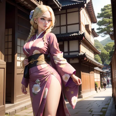 Sexy woman with long eyelashes with outstanding style tying blonde hair in front of historical buildings in Japan wearing flashy patterned kimono