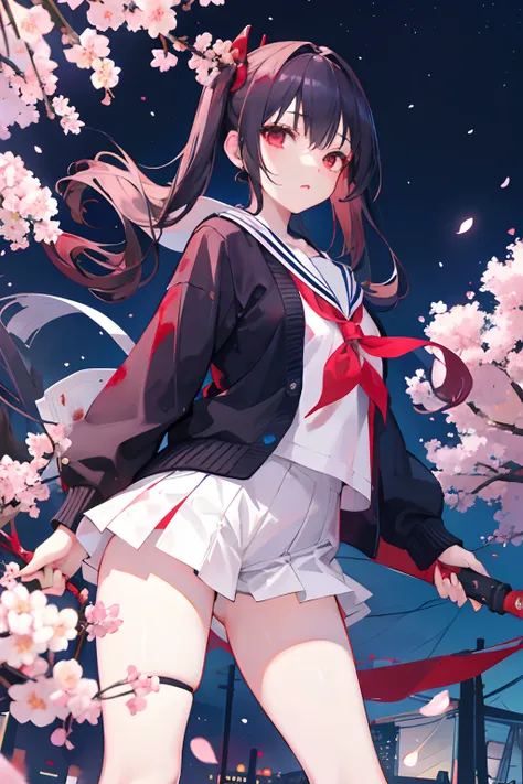 2girls、nightcity、Great body、Great legs、Sailor suit with blood on it、Wearing a cardigan、A dark-haired、Holding a weapon with blood on it、Cherry blossoms are dancing、poneyTail、Ordinary girl、Fighting with two、action