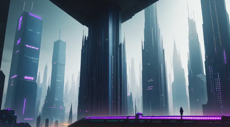 A city with many tall buildings and trains on tracks, dark futuristic city, in fantasy sci - fi city, Futuristic city landscape, cyberpunk cathedral, dark cyberpunk metropolis, in a futuristic cyberpunk city, sci fi city, Cyberpunk metropolis, cyberpunk ci...