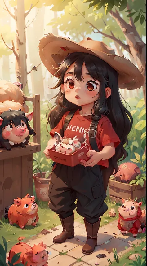 Kizi, 10years old, With long black hair, dual horsetail，Brown vibrant eyes, Wear jumpsuits, Cowboy boots, Cowboy hat and red T-shirt, Have fun next to cute sheep and cute pigs, Pigs are hairless。