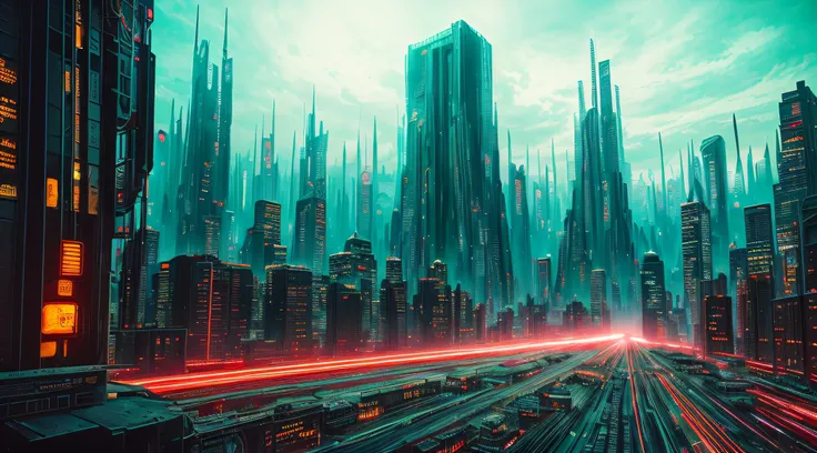 The painting depicts a surreal and futuristic landscape, A blend of awe-inspiring beauty and terror. The sky is deep, Pulsed red, The clouds seem to be alive，On the move. In the distance, Great city view view, towering skyscrapers, Neon lights, and a row o...