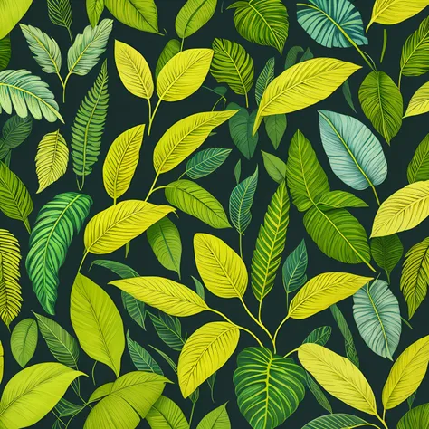 There are paintings of tea leaves and tropical plants and flowers, Botanical leaf print, Tropical botanical print, Botanical background illustration, tropicalism, Covered background texture pattern --auto