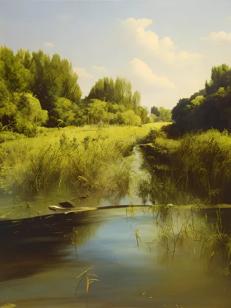 oil painted，There is a small stream flowing through the meadow, Tall reeds on the riverbank, river with low hanging plants, A small river on the ground, Small river, overgrown with aquatic plants, next to a small river, Morning River, Reeds on the riverban...