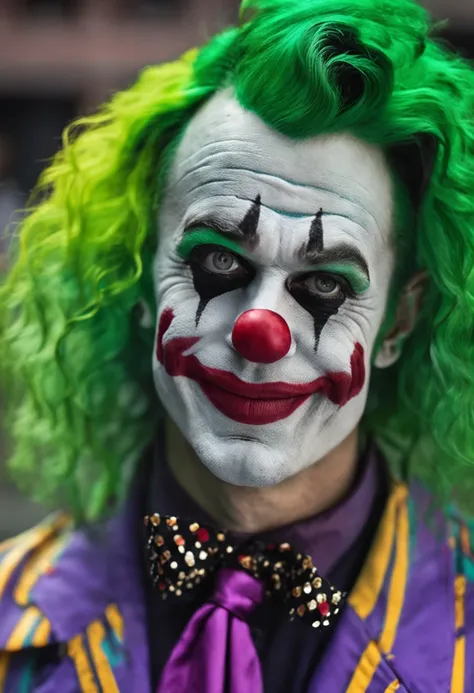 man with green hair wearing clown makeup, joker makeup, wearing bizarre clown makeup, clown makeup, real clown makeup, realistic clown makeup, remarkable joker make up, as the joker, scary clown, amusement park on the background