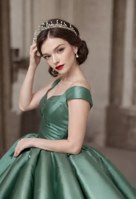 Pearl Necklace, Satin green long gloves, lipsticks, Shorthair, satin, Green dress, bride, the kiss, a smile