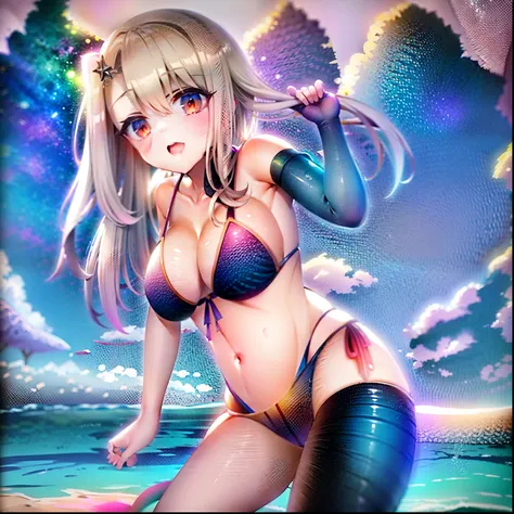 Make an artwork of the character Illyasviel von Einzbern,  usando um biquini azul, seios enormes, barriga, na praia.