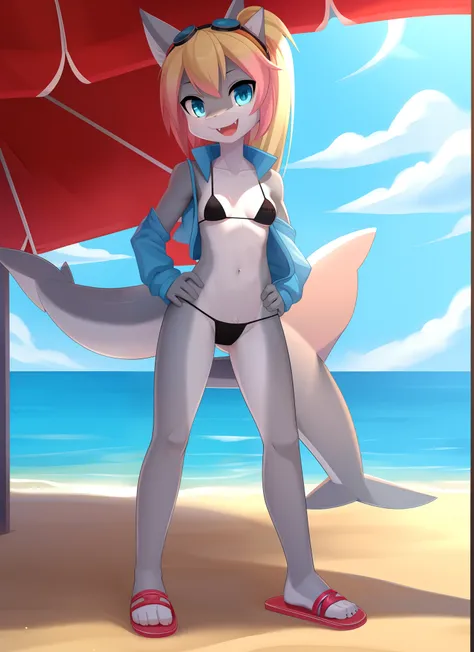 Furry girl, shark, cute hair, long ponytail, two tone hairstyle, blonde hair, pink hair, blue eyes, medium breasts, detailed body fur, sleeveless blue jacket, open clothes, black micro bikini, masterpiece, looking at you, two tone body fur, gray body fur, ...