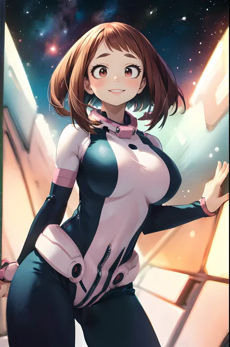 ((masterpiece, best quality;1.3)), ultra detailed, detailed background, 1girl, solo, smile,   bodysuit,ochaco uraraka, looking at viewer, large breast,pink suits,
school background, zero gravity,realistic, galaxy, space, flying