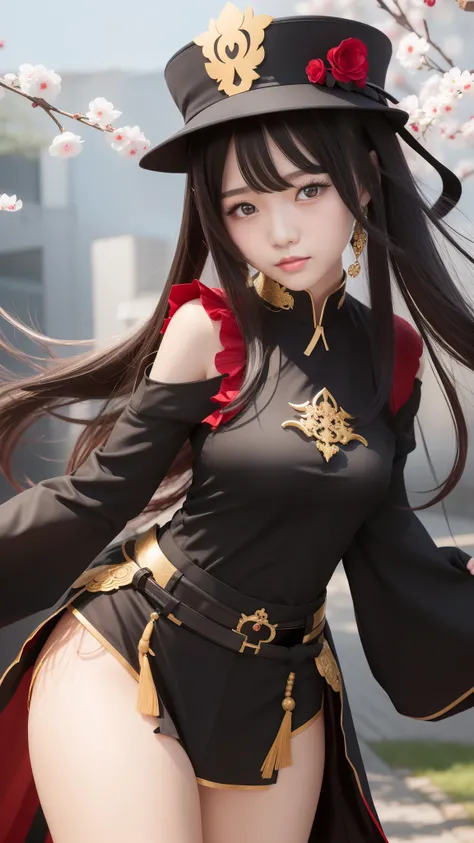 1girl, hu tao, from genshin inpact, cute, happy, red eyes sakura, long black hair, simple attribute full black and red and gold, black hat, big tits, beautiful, realistis, ultra detail,