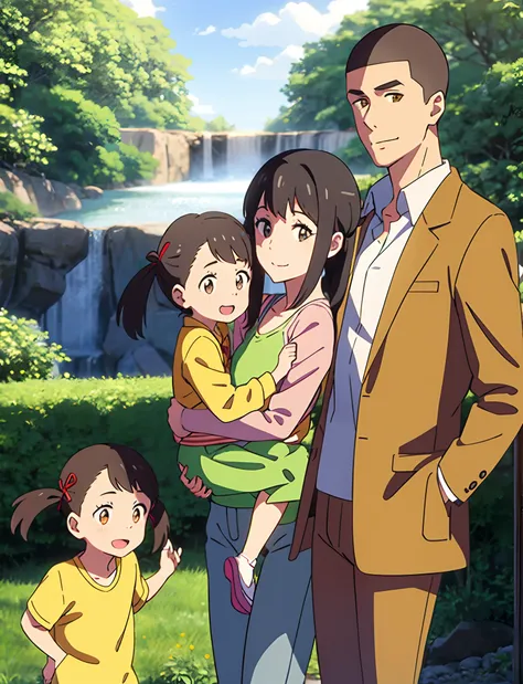 shinkai makoto, kimi no na wa., family of four,1boy, buzzcut, brown jacket, open clothes, white shir, grey pants, dad, 1girl, bangs, Brown eyes, waterfall braid, red ribbon, long hair, light pink cardigan, open clothes, yellow shirt, orange pants, carrying...