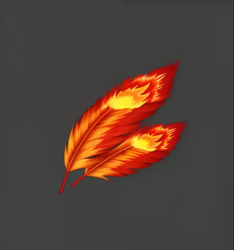 Two red and yellow feathers on a gray background, Burning leaves, glowing feathers, with fiery golden wings of flame, with fiery golden wings, Big red feathers, fiery bird, fiery wings, phoenix-inspired, game assets, game icon asset, phoenix flames, Flames...