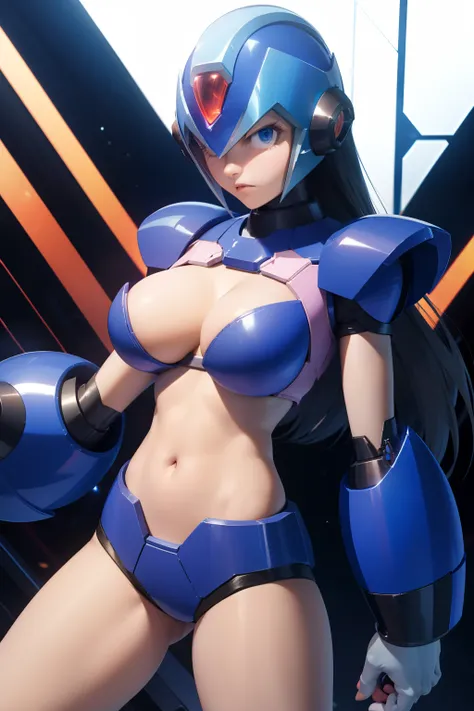 X FROm megaman x as a girlr, big clevage, sexy battle pose,(1girl),almost nude, long hair, visible groin, battle damaged, hurted
