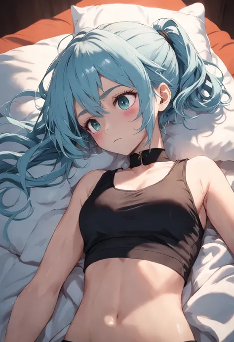 Girl with light blue hair tied up lying down and her arms resting on her black tank top head with eyes closed