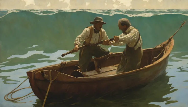 Painting of two men in a boat with octopus tentacles, NC Wyeth pintura, NC Wyeth, por N. C. Wyeth, por N.C. Wyeth, O Kraken, Lula de Cthulhu, fenda, arte lovecraft, inspirado em N.C. Wyeth, inspirado em N. C. Wyeth, por lovecraft, Cthulhu subindo do oceano