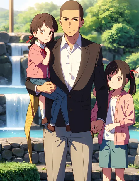 shinkai makoto, kimi no na wa., family of four,1boy, buzzcut, brown jacket, open clothes, white shirt, grey pants, dad, 1girl, bangs, Brown eyes, waterfall braid, red ribbon, long hair, light pink cardigan, open clothes, yellow shirt, orange pants, carryin...