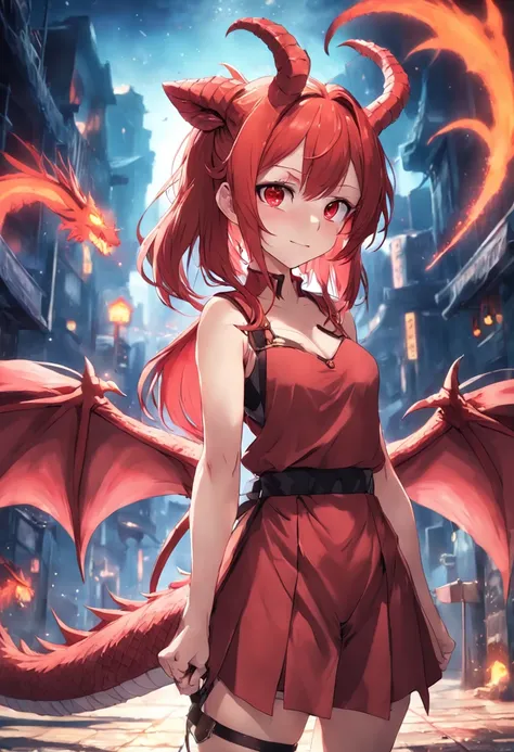 double tails、No single side angle、Dragon Girl、Girl with horns，Double tail，light-red hair、Girl with two teeth、One-winged demon、Devil Girl、dragon girl、There are no bright spots in the eyes，ssmile，Red suspenders