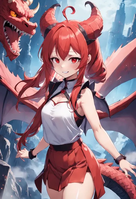 double tails、No single side angle、Dragon Girl、Girl with horns，Double tail，light-red hair、Girl with two teeth、One-winged demon、Devil Girl、dragon girl、There are no bright spots in the eyes，ssmile，Red suspenders