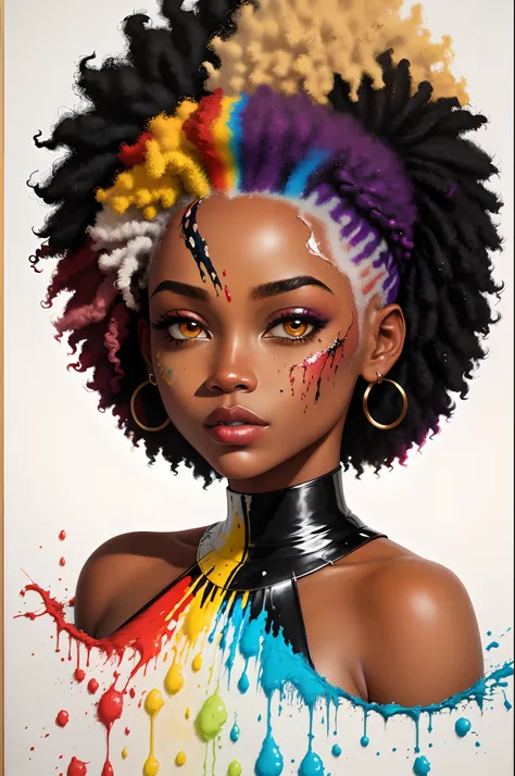 um retrato de pintura abstrata de uma mulher afro-americana com splatter de tinta colorido, no estilo do realismo com elementos de fantasia, gradientes de cores, salpicos de cor, figuras coloridas estilo minimalista, oil painting