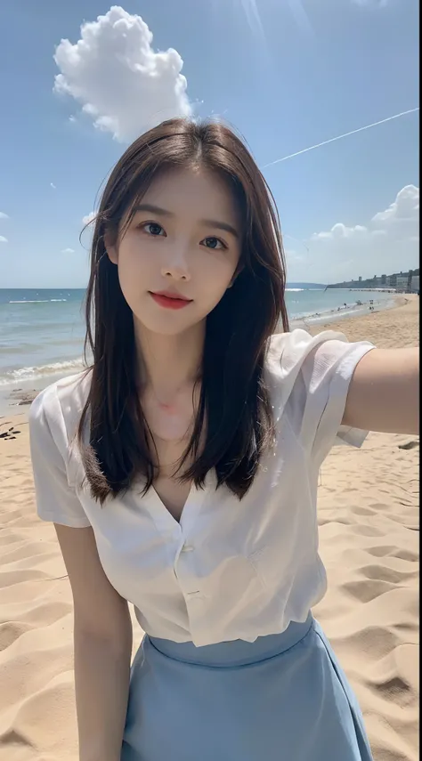 ((Best picture quality, 8K, tmasterpiece: 1.3)), self-shot, Sharp focus: 1.2, A cute beauty with a perfect figure: 1.4, Slim, ((Brown hair black)) , (whitet-shirt，pleatedskirt，Highly detailed face，Happy expression，standing on your feet：1.2），（（with blue sky...