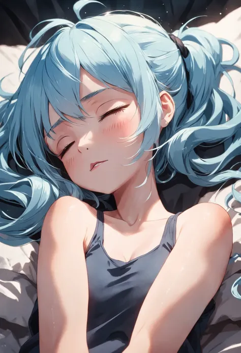 Girl with light blue hair tied up lying down and her arms resting on her black tank top head with her eyes closed