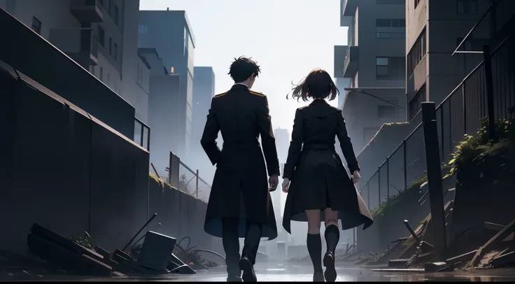 A male student in a student uniform and a female student in a trench coat face away from the picture，Walk through vast ruins，Under a black sky，In the dark，In the distance there is a vague humanoid monster。