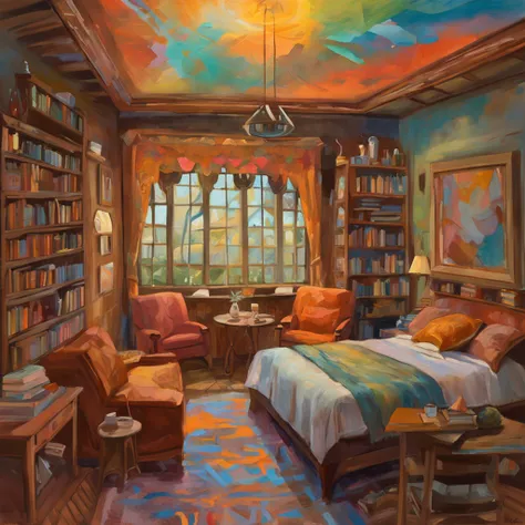 Intricate details of the painting of a chalet, sala iluminada por vela, mesa com livros , por Range Murata, galaxy in background, nuvem, Cores vivas, alto contraste, montanha, arte da linha vetorial, Destaques teal e Laranja, trending on pixiv, Anime Conce...