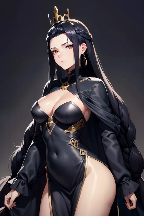 Dragon Princess，British dark blue long group，Silk white gloves，Slightly curved long black hair，Dress conservatively，Crown of black thorns，Twist braids，Mature and steady，Complicated clothes，Large area of gold pattern，Silver crown，Elegant，cabelos preto e lon...