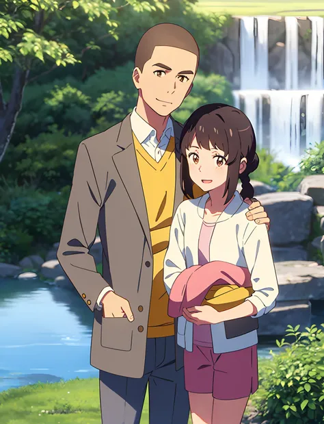 shinkai makoto, kimi no na wa., family of four,1boy, buzzcut, brown jacket, open clothes, white shirt, grey pants, dad, 1girl, bangs, Brown eyes, waterfall braid, red ribbon, long hair, light pink cardigan, open clothes, yellow shirt, orange pants, carryin...