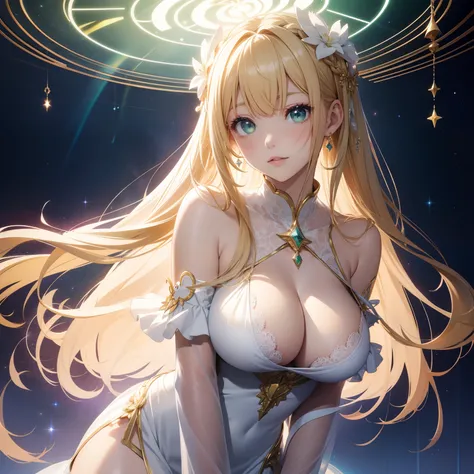 super high image, super detail, super high resolution, anime, manga, illustration, super beautiful goddess, glossy french braid hair, green big sparkling eyes, alluring moist lips, white lace robe dress, huge breasts, under boob, side boob, great proportio...