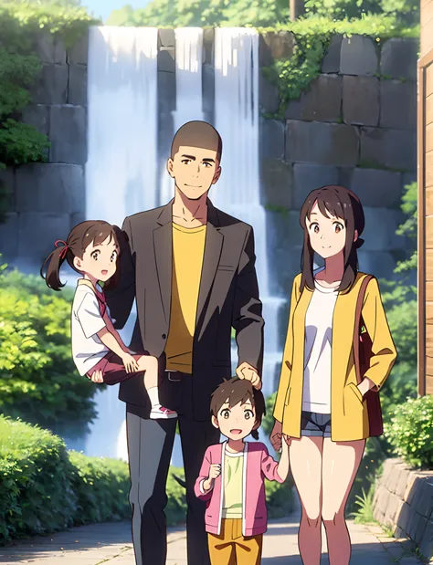 shinkai makoto, kimi no na wa., family of four,1boy, buzzcut, brown jacket, open clothes, white shir, grey pants, dad, 1girl, bangs, Brown eyes, waterfall braid, red ribbon, long hair, light pink cardigan, open clothes, yellow shirt, orange pants, carrying...