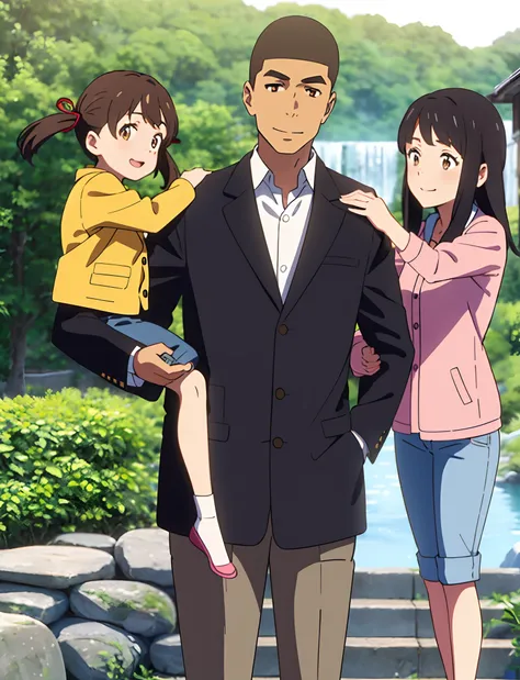 shinkai makoto, kimi no na wa., family of four,1boy, buzzcut, brown jacket, open clothes, white shir, grey pants, dad, 1girl, bangs, Brown eyes, waterfall braid, red ribbon, long hair, light pink cardigan, open clothes, yellow shirt, orange pants, carrying...