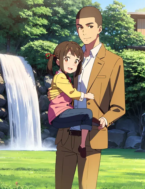 shinkai makoto, kimi no na wa., family of four,1boy, buzzcut, brown jacket, open clothes, white shir, grey pants, dad, 1girl, bangs, Brown eyes, waterfall braid, red ribbon, long hair, light pink cardigan, open clothes, yellow shirt, orange pants, carrying...