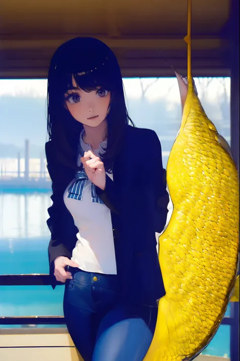 ((((Catch big fish by the lake:1.5)))),((Female 28 years old)),((Best Quality:1.5)),(((Hands with the correct number and structure of fingers:1.4))),((Big fish:1.37)),hight resolution,ultra-detailliert,​masterpiece,best qualtiy,Eight-headed body,Black hair...