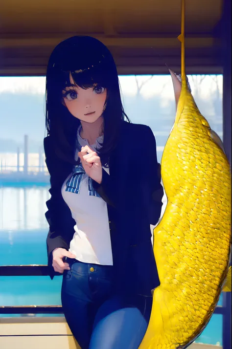 ((((Catch big fish by the lake:1.5)))),((Female 28 years old)),((Best Quality:1.5)),(((Hands with the correct number and structure of fingers:1.4))),((Big fish:1.37)),hight resolution,ultra-detailliert,​masterpiece,best qualtiy,Eight-headed body,Black hair...