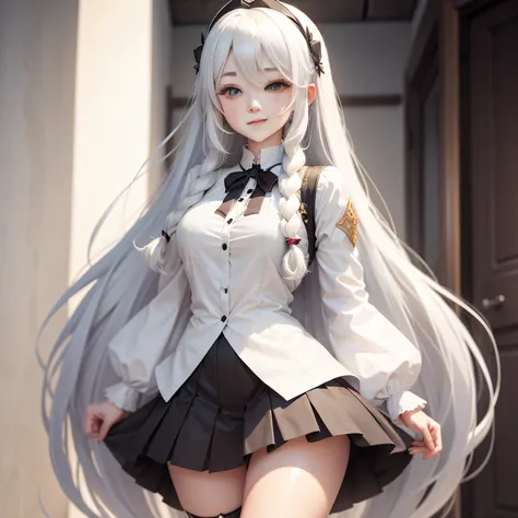 Kizi，long  white hair，ssmile，Bigchest，JK skirt