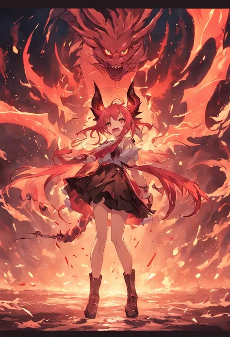 double tails、No single side angle、Dragon girl、Girl with horns，light-red hair、Girl with two teeth、One-winged demon、Devil Girl、Dragon girl、ssmile，black leg rings，Volcanic eruption background