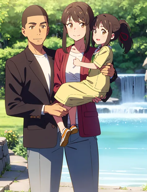 shinkai makoto, kimi no na wa., family of four,1boy, buzzcut, brown jacket, open clothes, white shir, grey pants, dad, 1girl, bangs, Brown eyes, waterfall braid, red ribbon, long hair, light pink cardigan, open clothes, yellow shirt, orange pants, carrying...