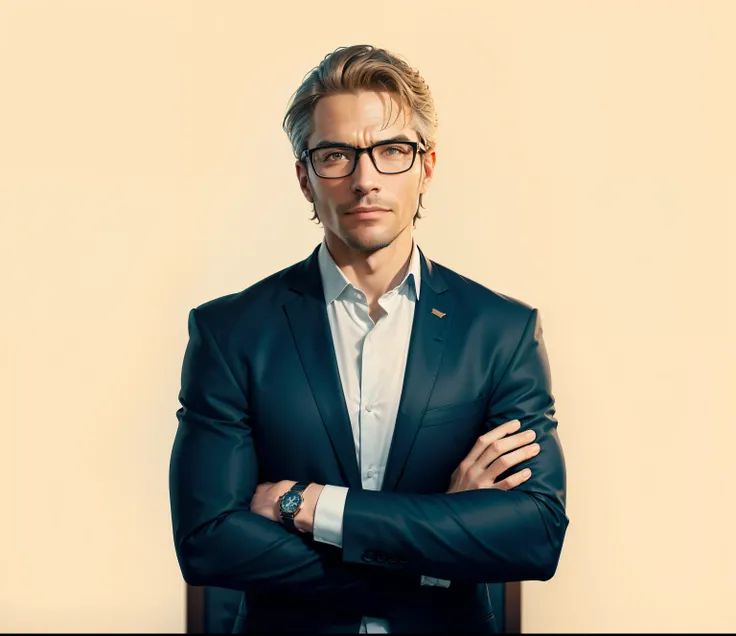 there is a man with glasses and a suit standing with his arms crossed, professional profile photo, professional profile picture, man with glasses, solid background, photo of a man, high quality portrait, wearing a suit and glasses, corporate portrait, prof...