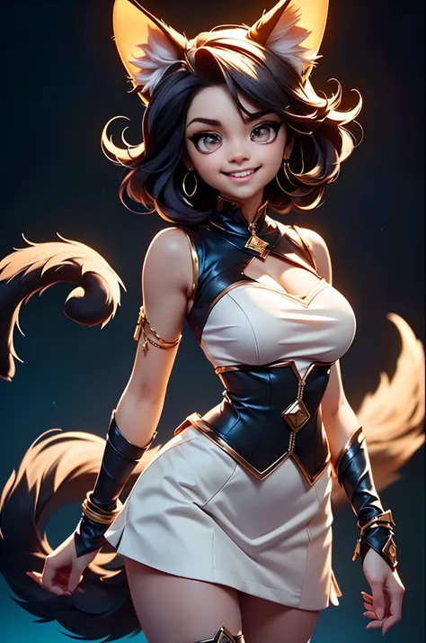 (Beautiful woman face:1.5), (Cute image standing all over the body:1.5), (Cat-like furry body and cats paws:1.5), (The paw is on the chin:1.2), (Cute), ( anime styled 3d:1.5), pleatedskirt, White color blouse, (Hairy limbs:1.45), (Very long, Fluffy fox tai...