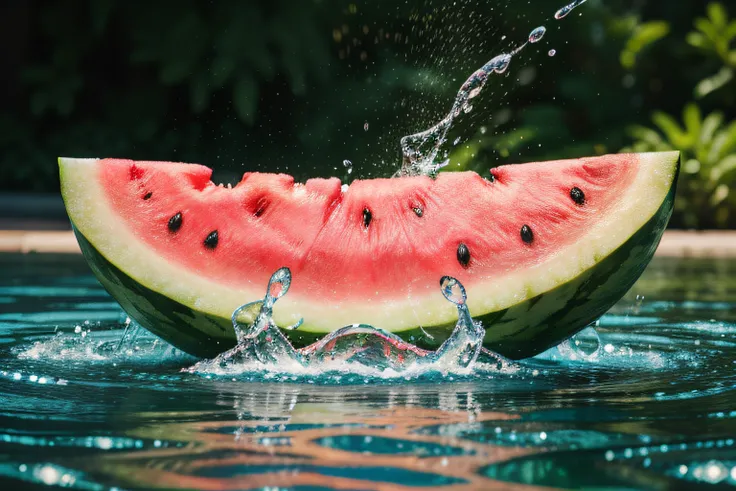 "A visually stunning depiction of summertime captured through the lens of a professional photographer. Explore the vibrant essence of the season with a mesmerizing close-up shot featuring four meticulously arranged slices of juicy watermelon resting on a c...