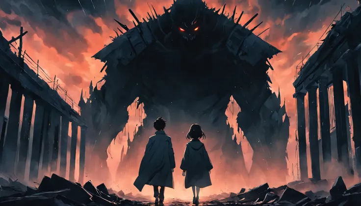 A male student in a student uniform and a female student in a trench coat face away from the photo，Walk through vast ruins，Under a black sky，In the dark，In the distance there is a huge black monster in the shape of a blurred human in the fog。