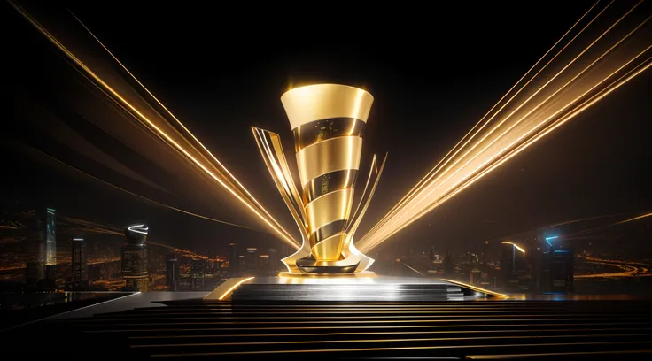 Put on a stage with lights, Award-Awarded. rendering by octane, award winning render, award winning cgi, zaha hadid octane highly render, an award winning digital render, highly photographic render, Imagens DMT. rendering by octane, “ golden cup, Dynamic l...